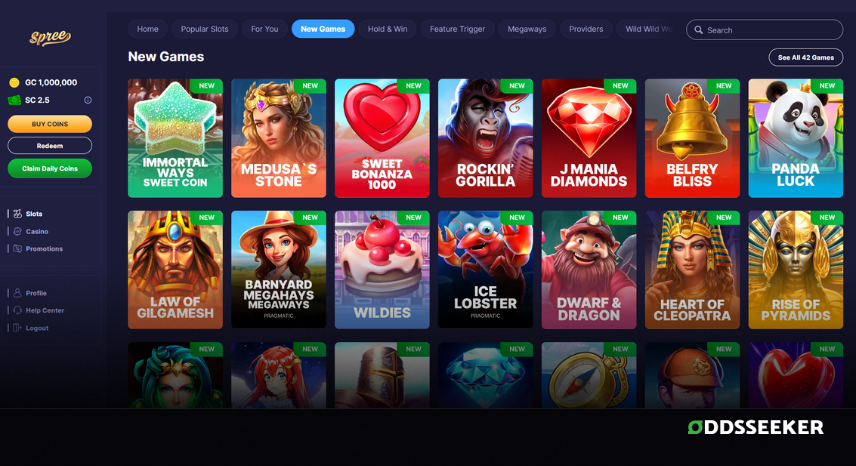 A screenshot of the desktop casino games library page for Spree Casino Review